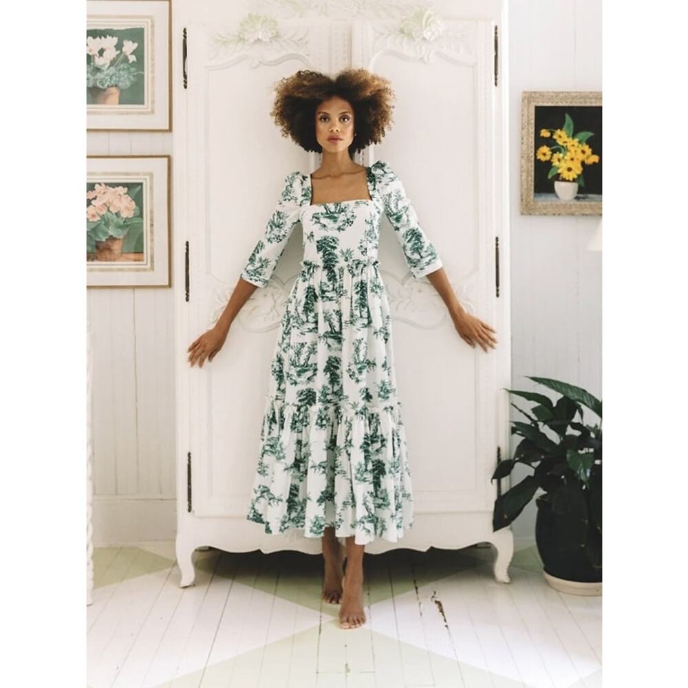 Cara Cara Blue Hill Toile Midi Dress Size 10 Green Botanical Cotton Garden Party - Picture 3 of 15